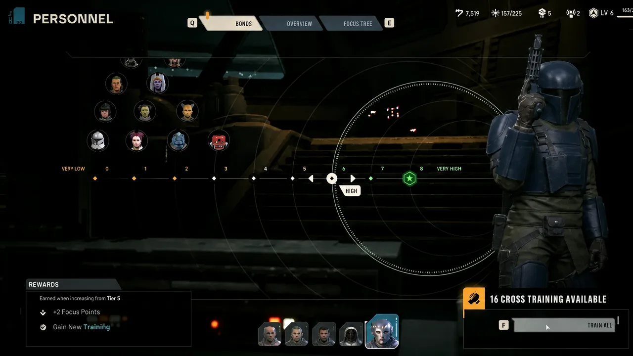 Personnel Bonds tab showing a character's High bond tier and available cross training picks