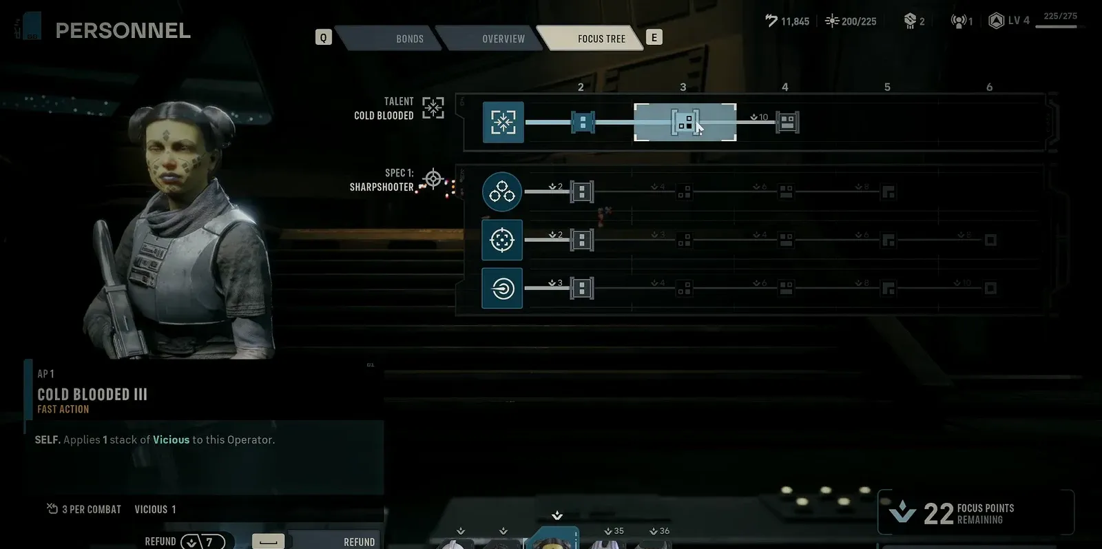 Focus tree showing the Cold Blooded talent description with a refund option available