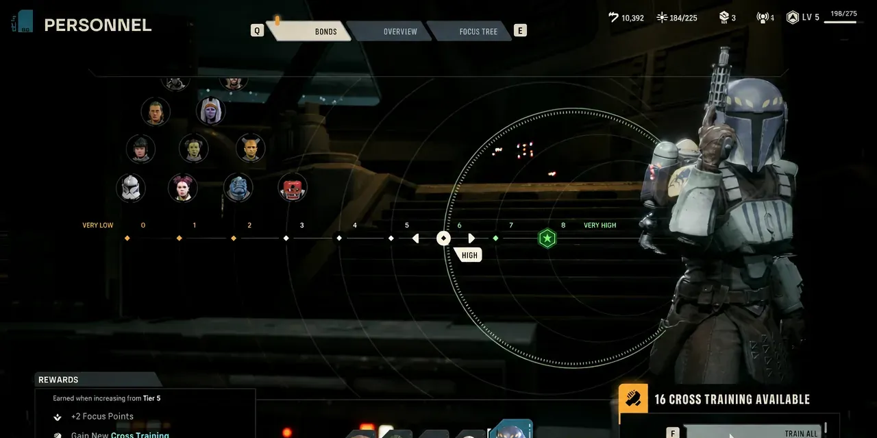 Personnel Bonds tab showing a character's High bond tier and available cross training picks