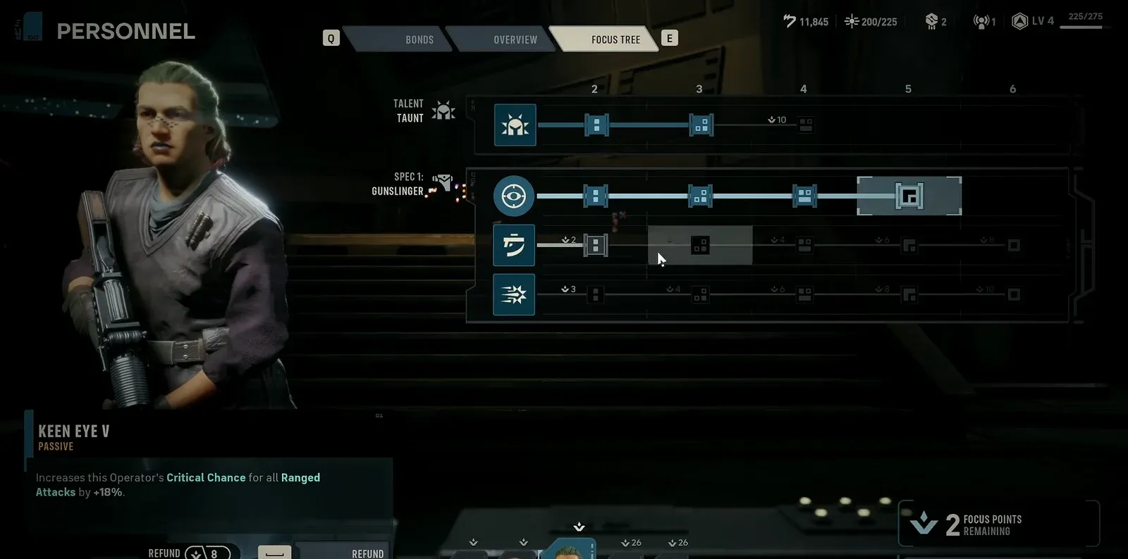 Gunslinger focus tree open in Personnel with Keen Eye V passive selected and two focus points left