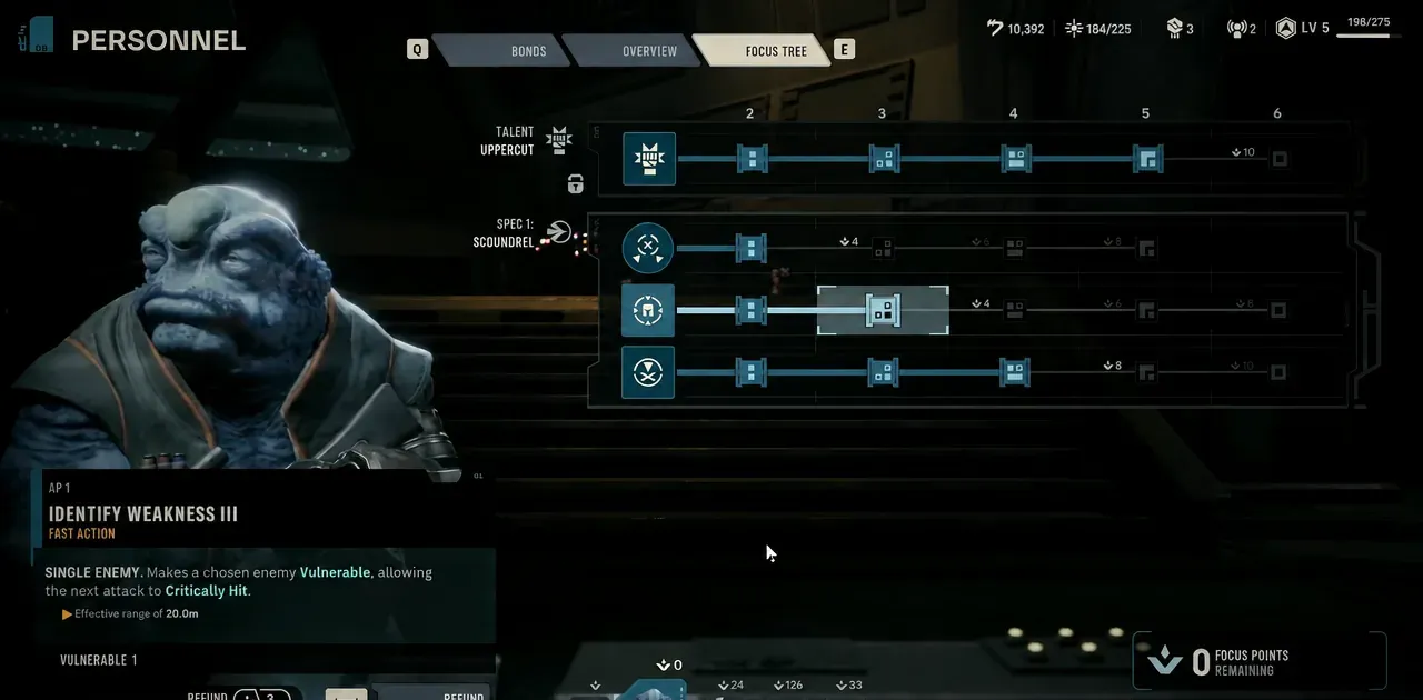 Scoundrel focus tree row showing the Identify Weakness node with its fast-action details