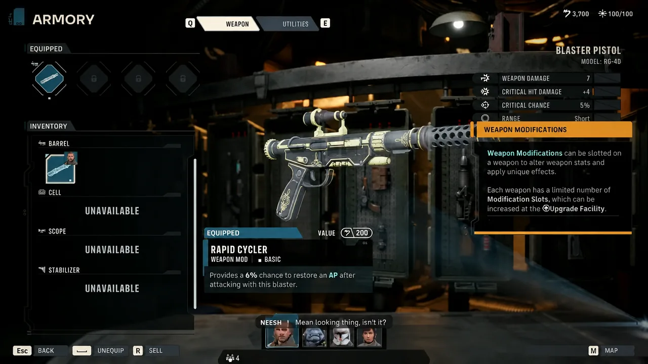 Armory weapon screen with Rapid Cycler highlighted and its modification effects displayed