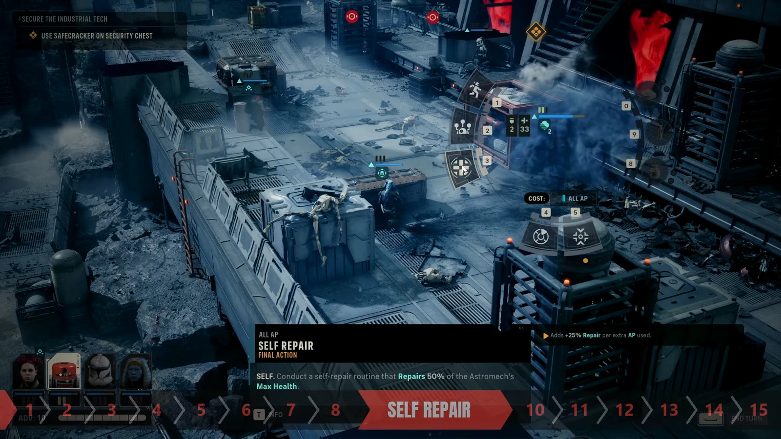 Combat interface with Self Repair selected, showing it as an all-AP final action restoring half of maximum health