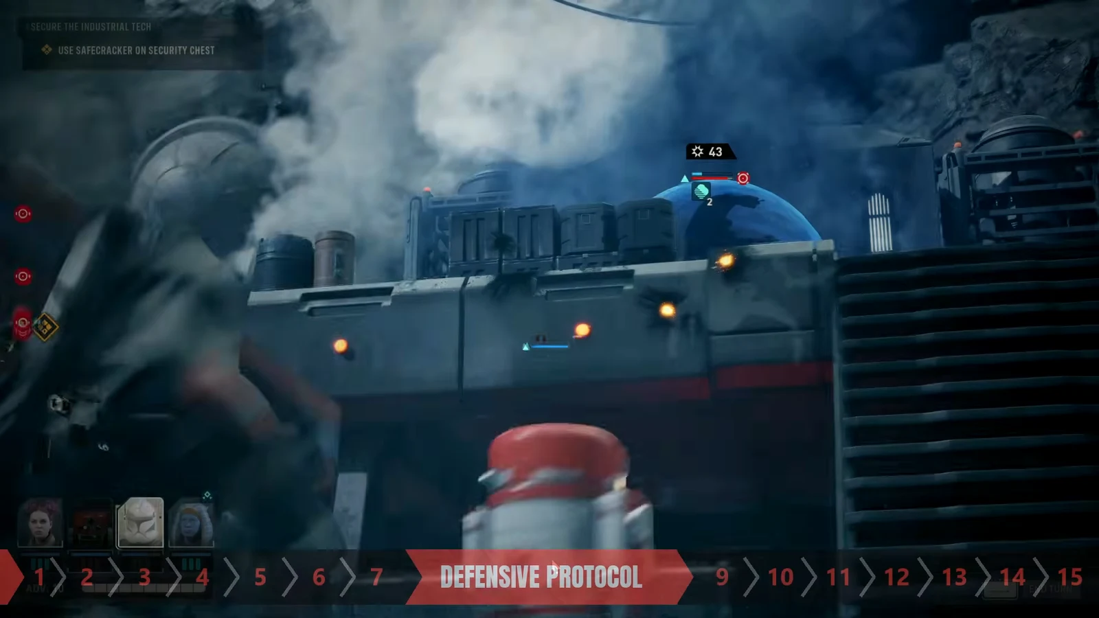 Squad fighting near a security chest during the Secure the Industrial Tech objective with a defensive buff active
