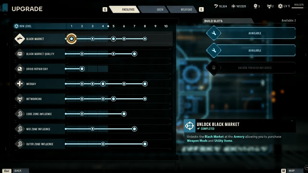 Facilities tab of the Den upgrade screen showing a selected facility, its unlock details and open build slots