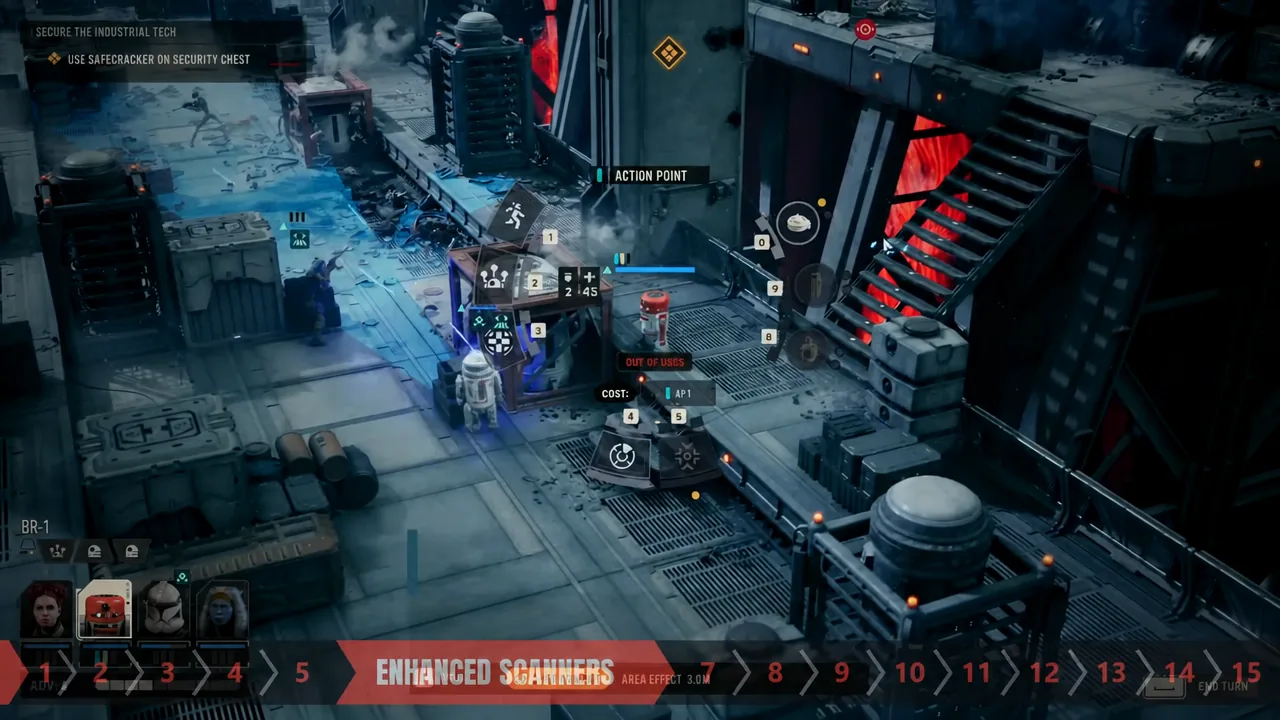 Action point menu open in combat with Enhanced Scanners highlighted, showing its AP cost and remaining uses