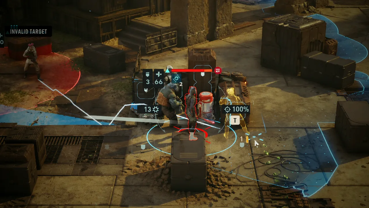 Tactical view showing an INVALID TARGET warning over a highlighted enemy