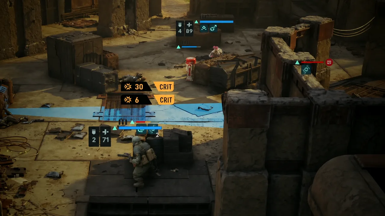 Combat screen with orange CRIT hit markers highlighted over an enemy during an attack