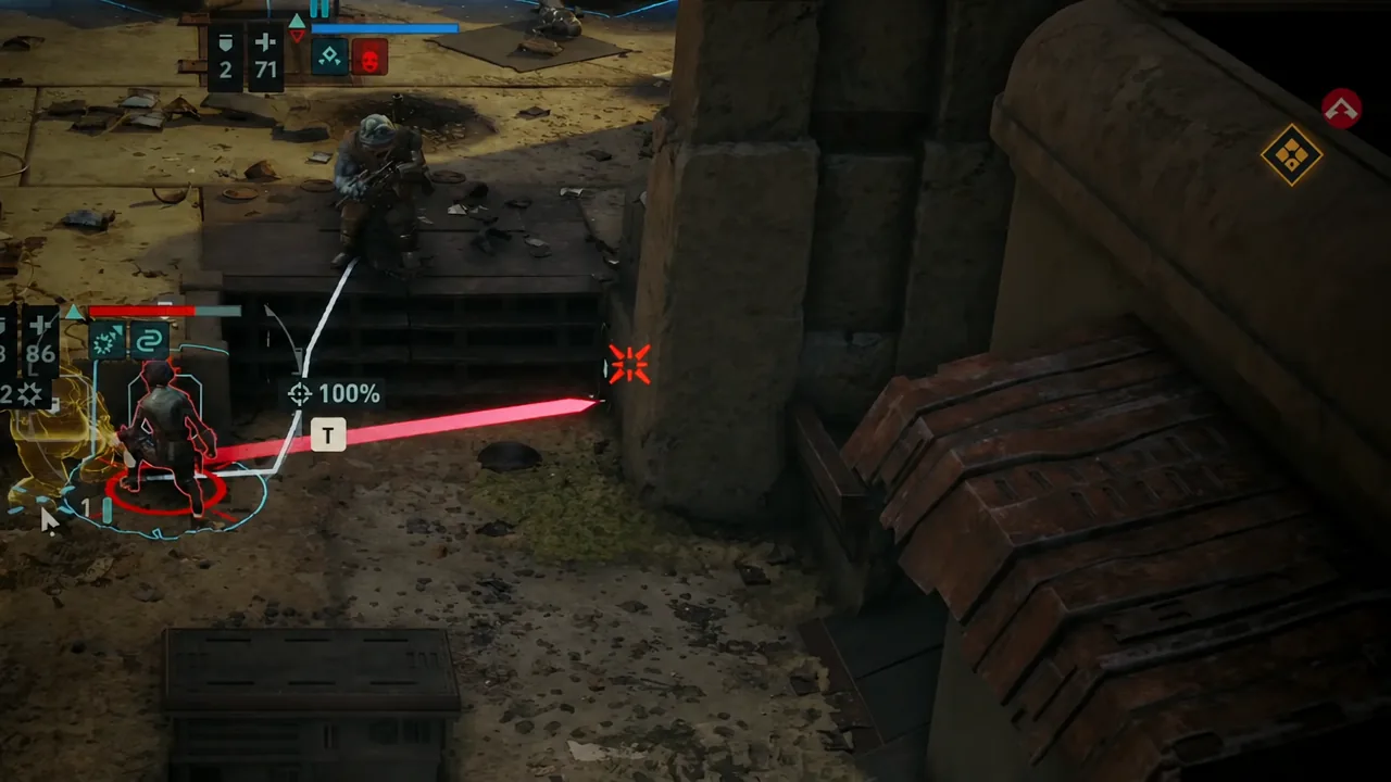 Combat targeting view with an enemy highlighted and a 100 percent attack trajectory displayed