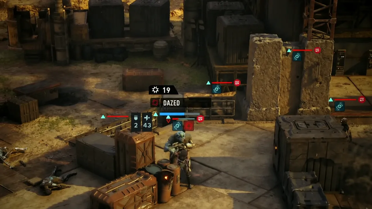 Battlefield view showing the Dazed status effect applied to an enemy during combat