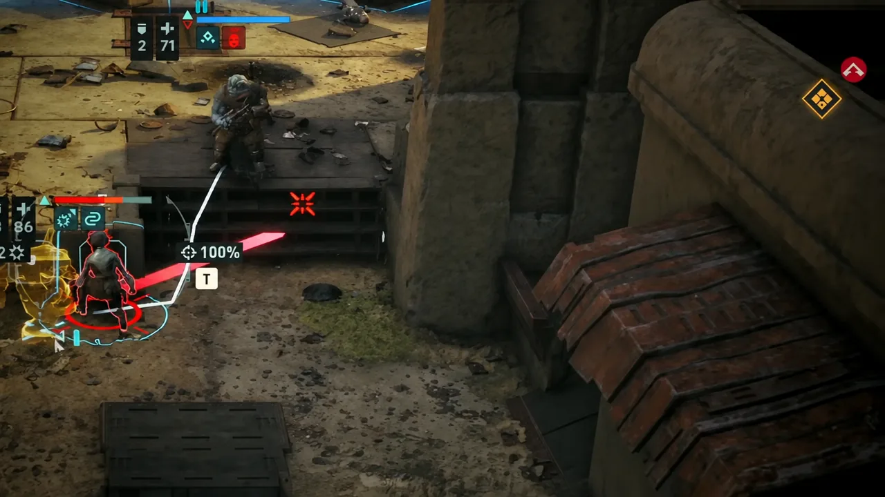 Targeting an enemy outlined in red during combat with an on-screen button prompt