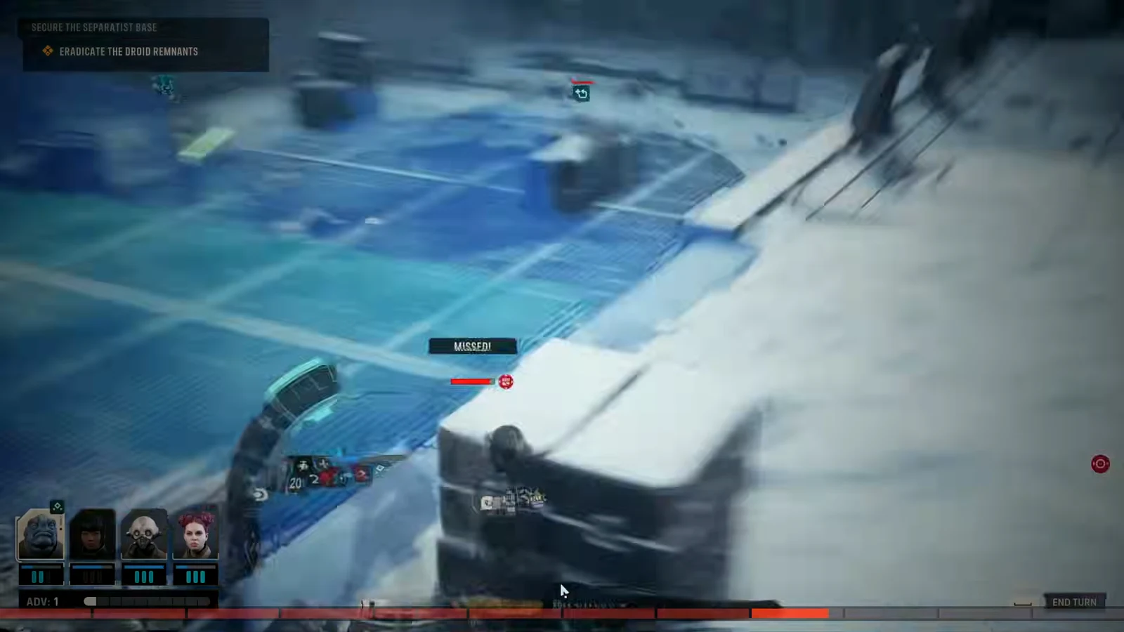 Combat screen during the Eradicate the Droid Remnants objective with a missed attack shown