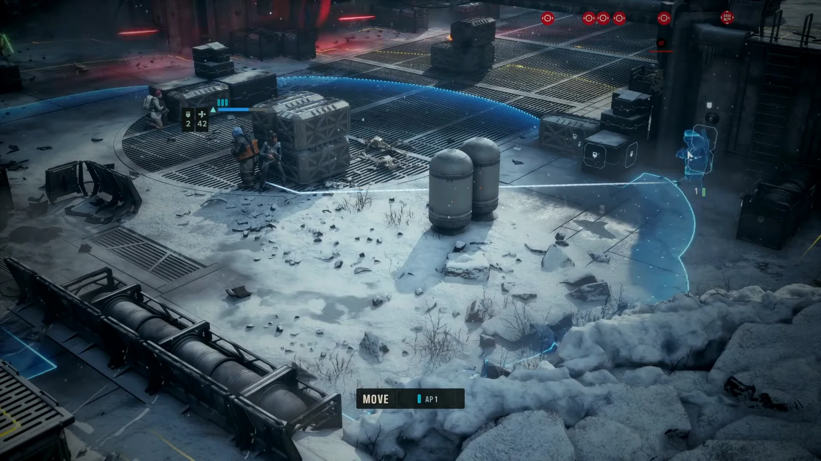Tactical combat screen showing a move command and the blue movement range costing one action point