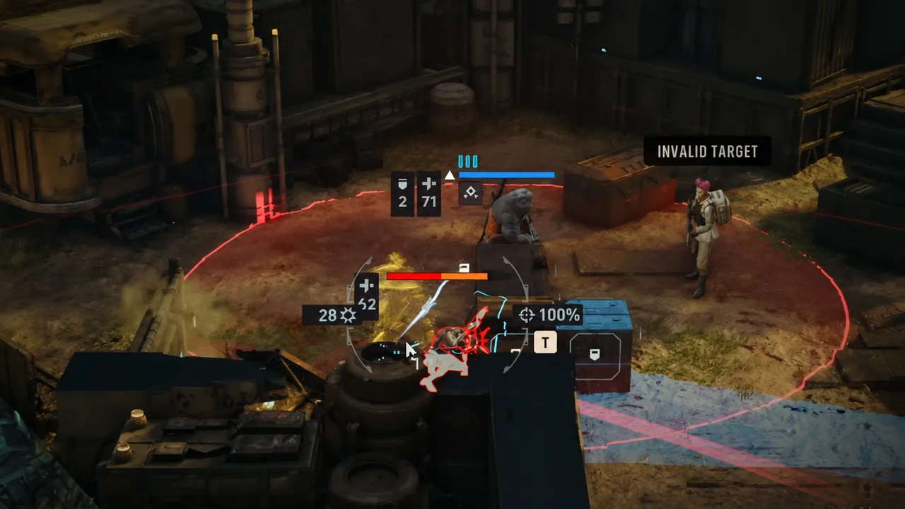Combat screen with an enemy highlighted in red and an invalid target warning blocking the attack