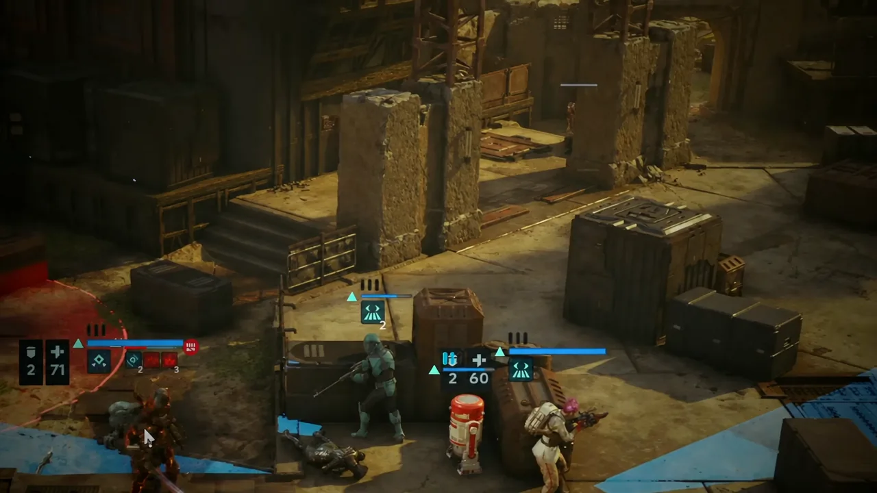 Squad holding position behind crates in a ruined industrial arena with one operator highlighted