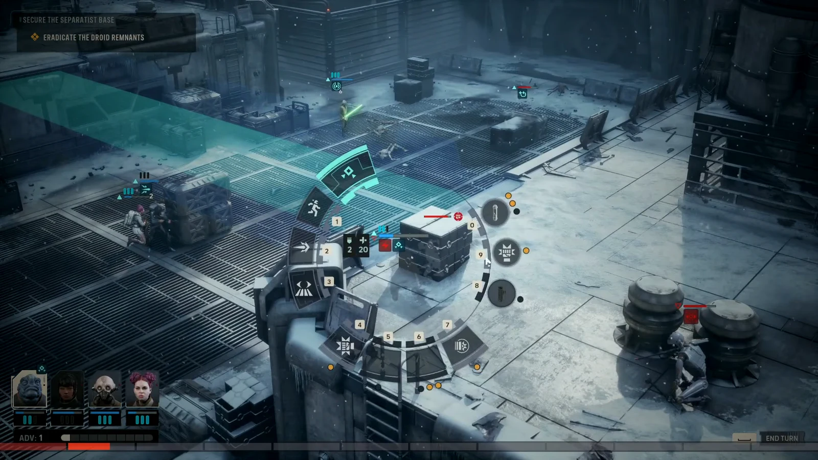 Radial ability wheel open in combat with the top ability highlighted around the active operator