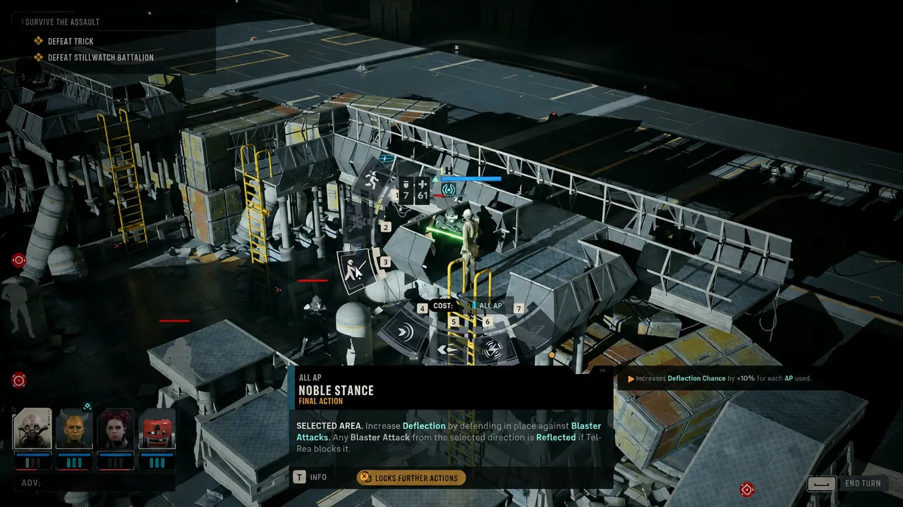 Combat HUD highlighting Noble Stance, a final action that boosts Deflection against blaster attacks