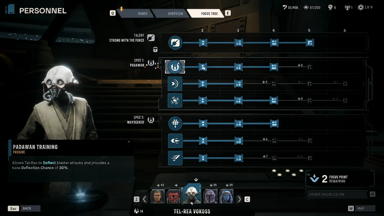 Padawan Training node highlighted in Tel-Rea's Personnel Focus Tree with its passive description shown