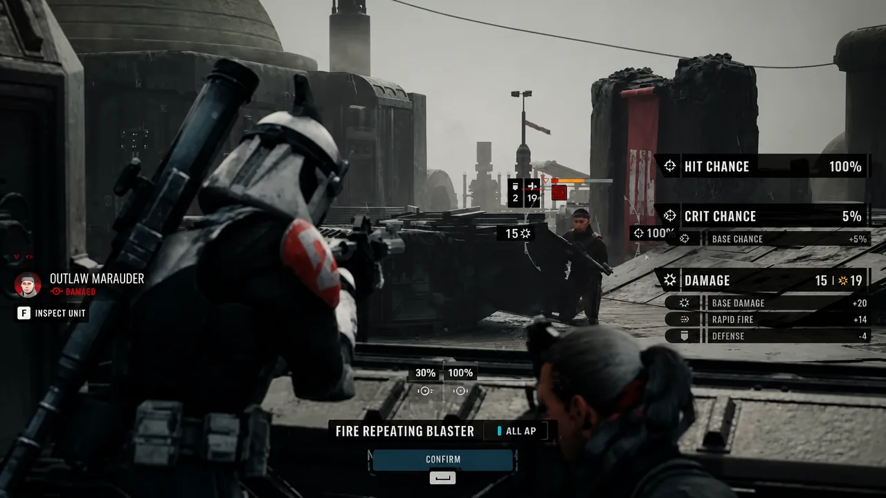 Combat targeting screen with Fire Repeating Blaster and Confirm highlighted against an Outlaw Marauder