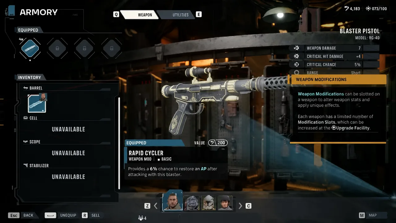 Armory weapon tab showing the Rapid Cycler mod equipped on a Blaster Pistol