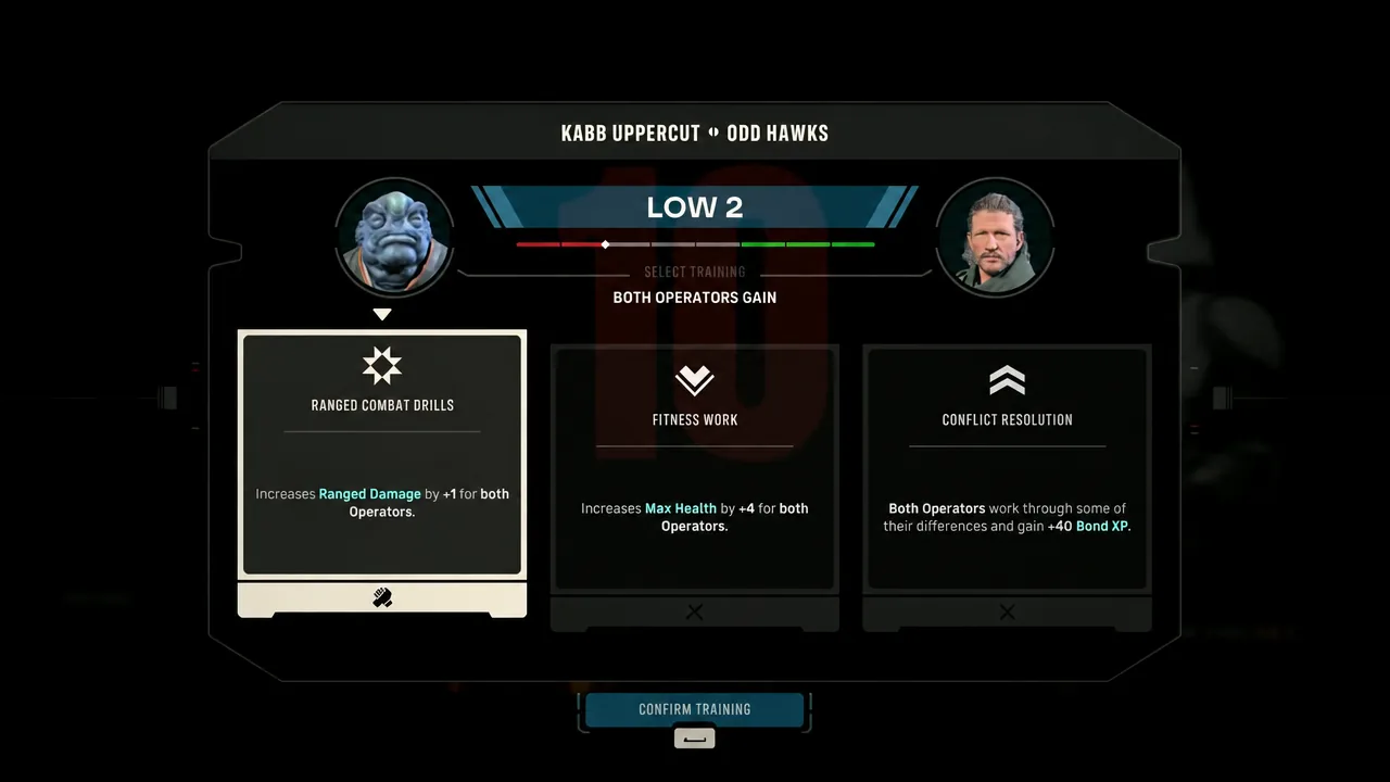 Select Training screen highlighting the Ranged Combat Drills option to confirm
