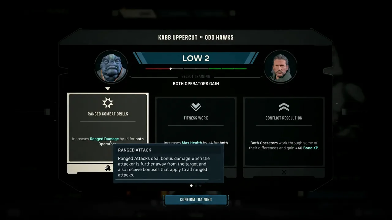 Select Training screen with Ranged Combat Drills highlighted and its Ranged Attack tooltip open