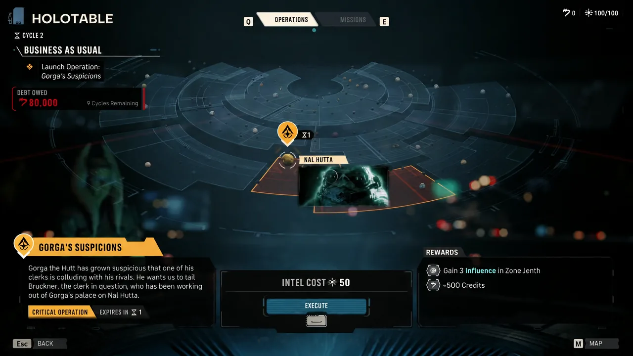 Operations screen with Gorga's Suspicions selected and Execute highlighted