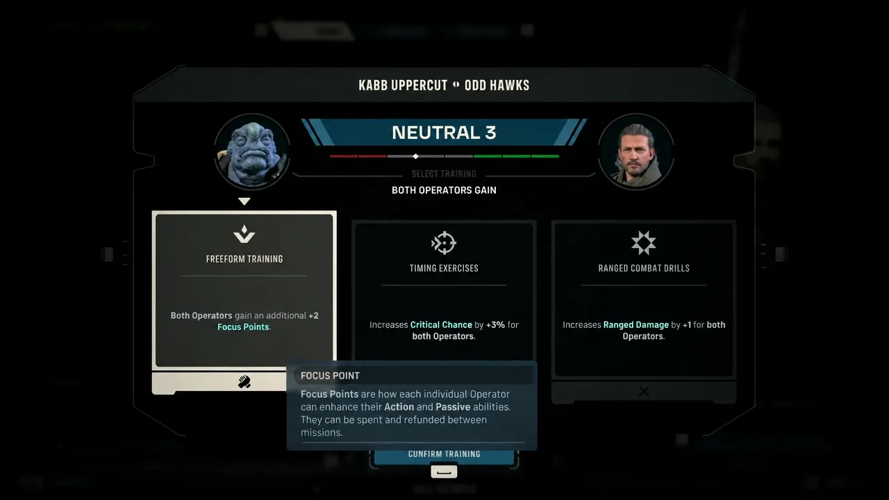 Neutral 3 training screen with Freeform Training highlighted and its Focus Points tooltip open