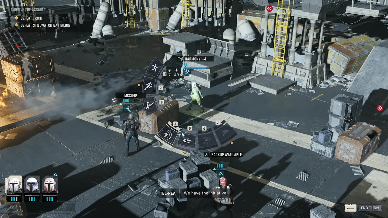 Radial ability wheel open with the cursor over an action during the Survive the Assault phase