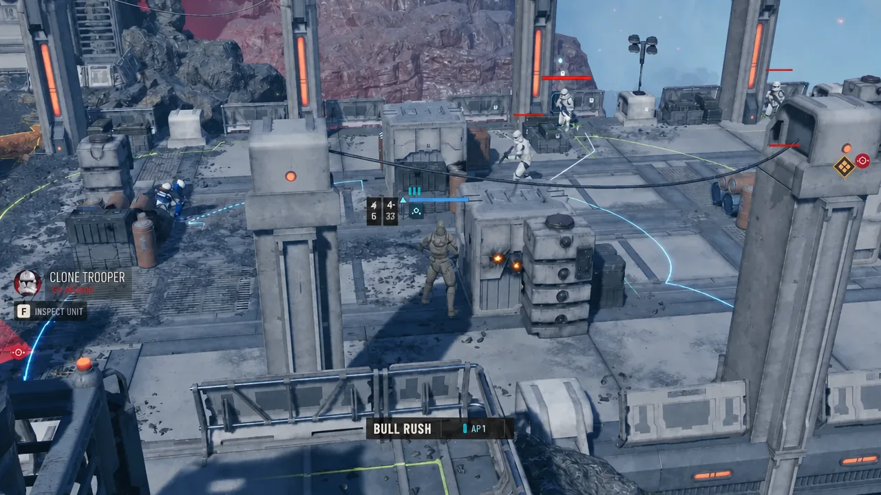 Bull Rush selected on the ability bar with an enemy Clone Trooper highlighted as the target
