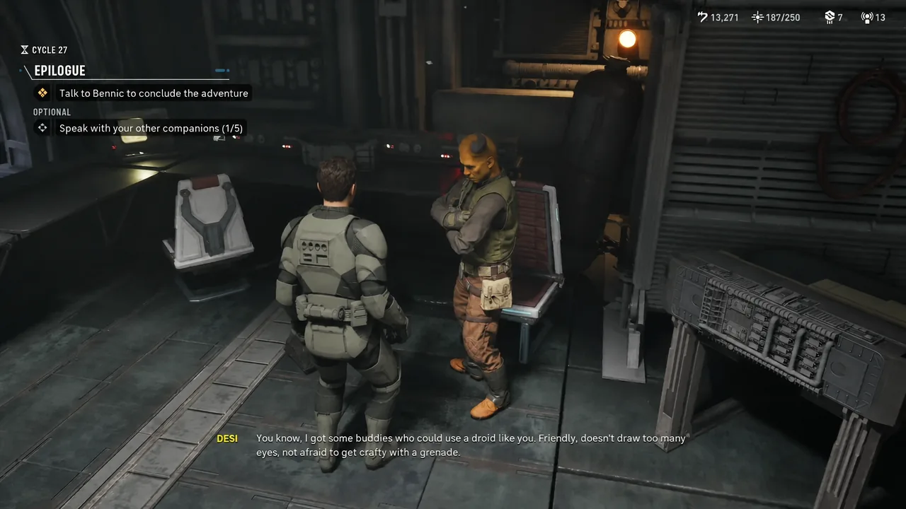 Epilogue objective panel showing the task to talk to Bennic to conclude the adventure