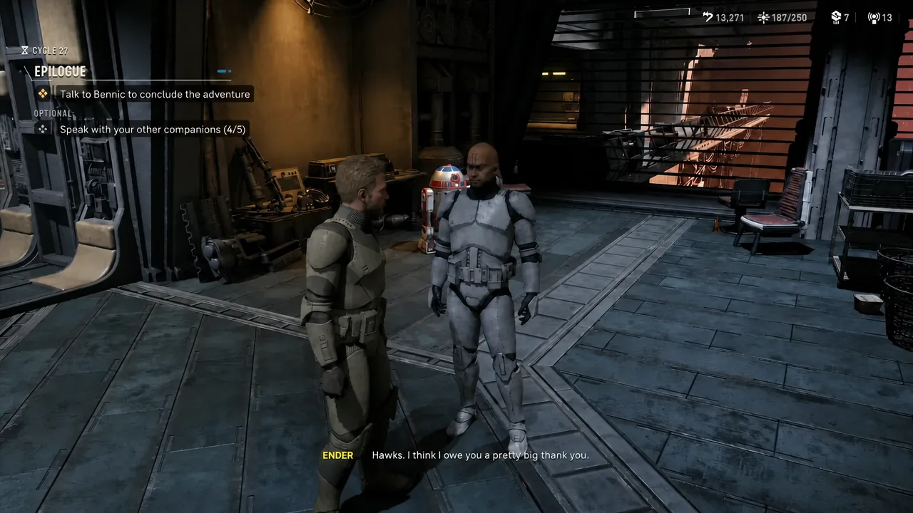 Hawks speaking with Bennic at the holotable with the Epilogue objective highlighted