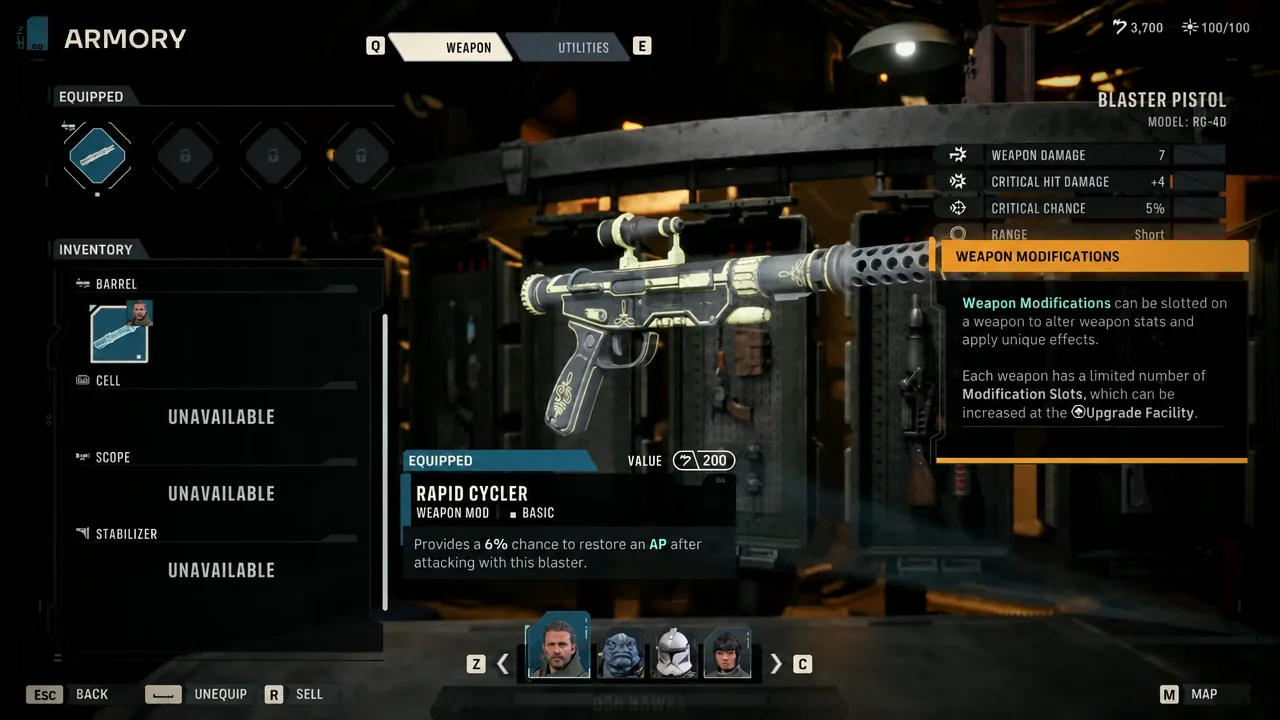 Armory weapon screen showing the Rapid Cycler mod equipped on the Blaster Pistol