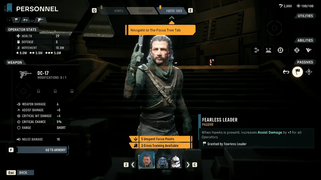 The Personnel screen with the Focus Tree tab highlighted.