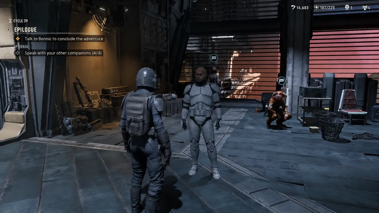 Epilogue objective overlay reading Talk to Bennic to conclude the adventure while approaching Bennic