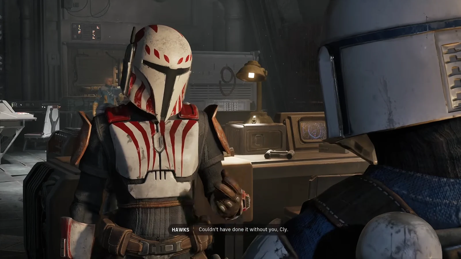 Hawks talks to Cly with the subtitle Couldn't have done it without you, Cly.