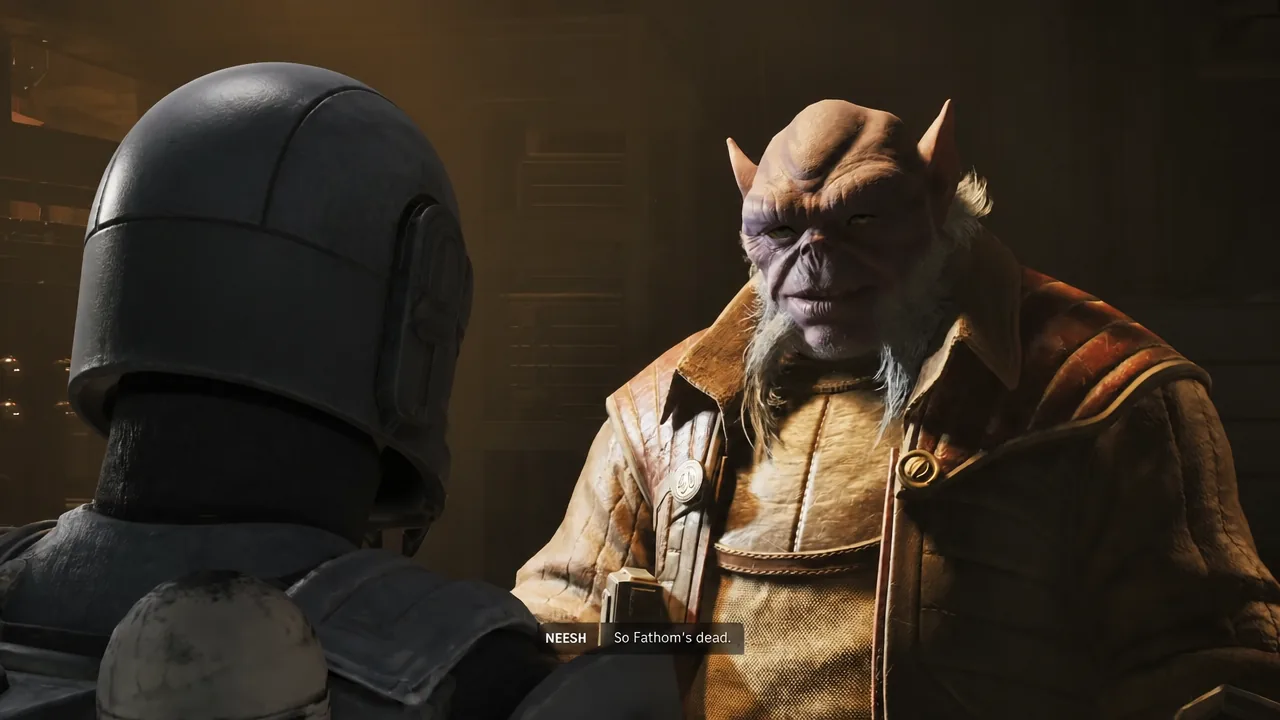 Neesh speaking to Hawks with the subtitle So Fathom's dead.