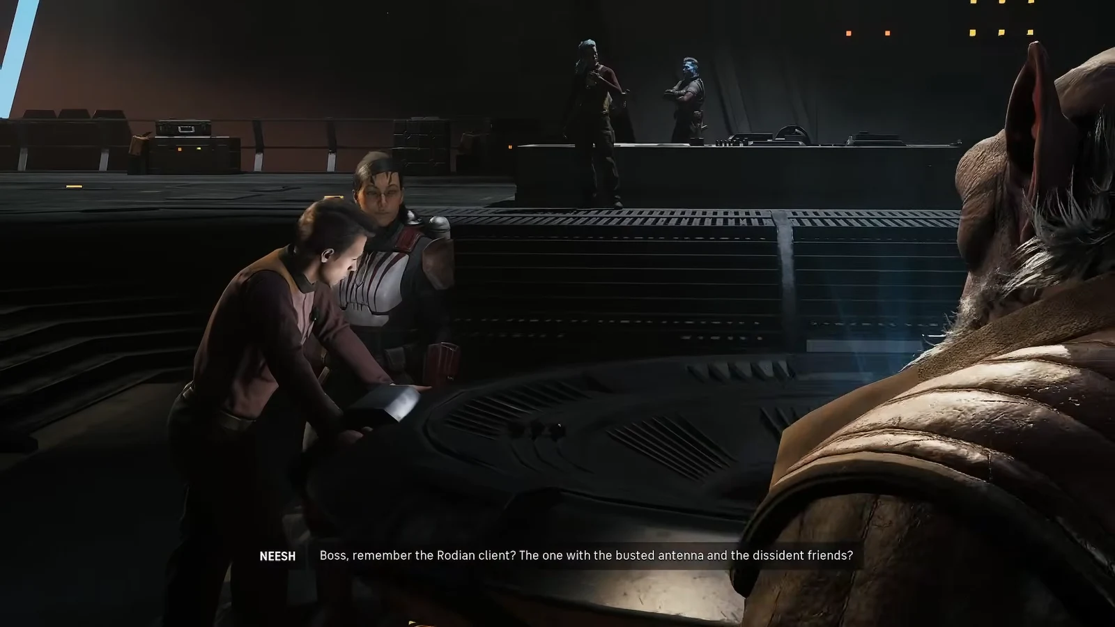 Final cinematic with Neesh pitching a job involving a Rodian client with a busted antenna