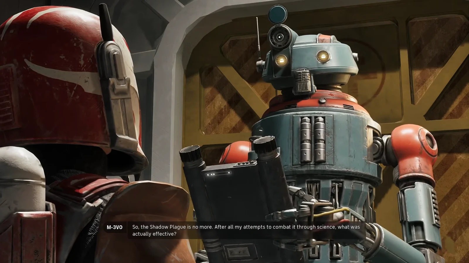 M-3VO dialogue subtitle discussing treatment of the Shadow Plague aboard The Den