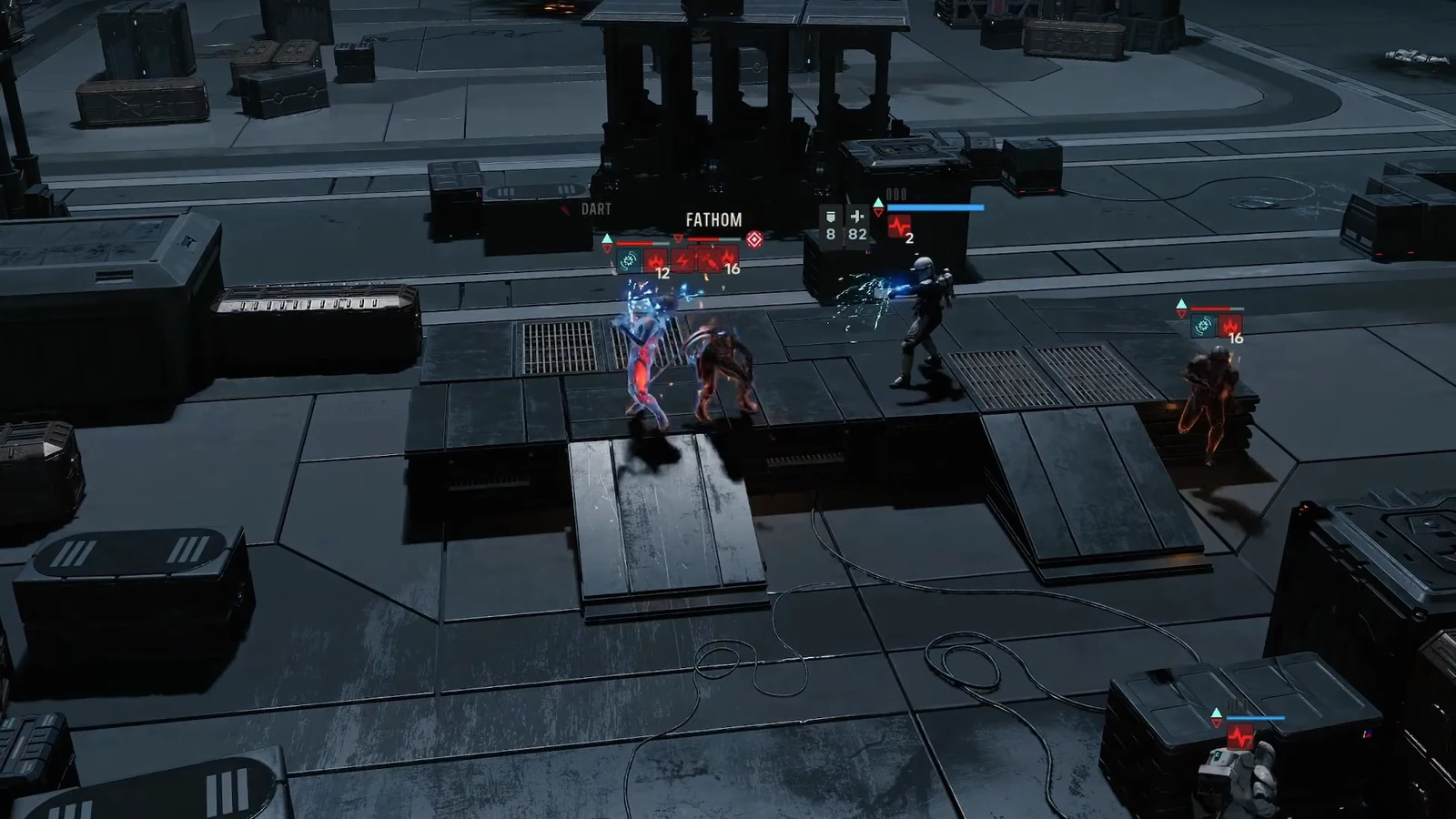 Squad attacking Fathom on the hangar platform with health bars and status effects on screen