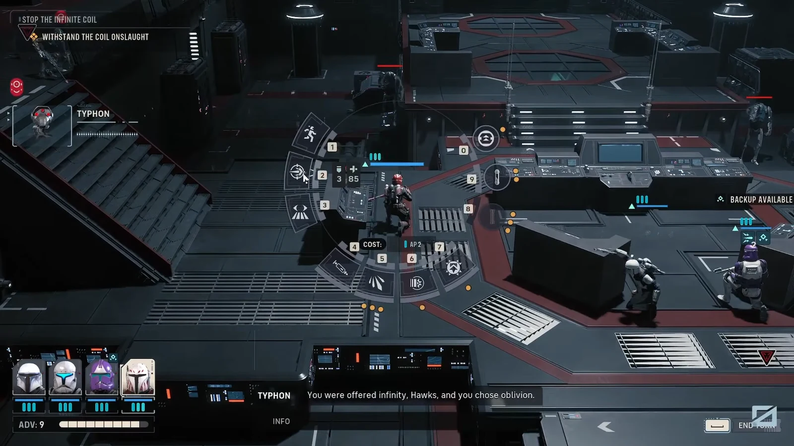 Radial ability wheel open during the Typhon encounter while selecting a combat action