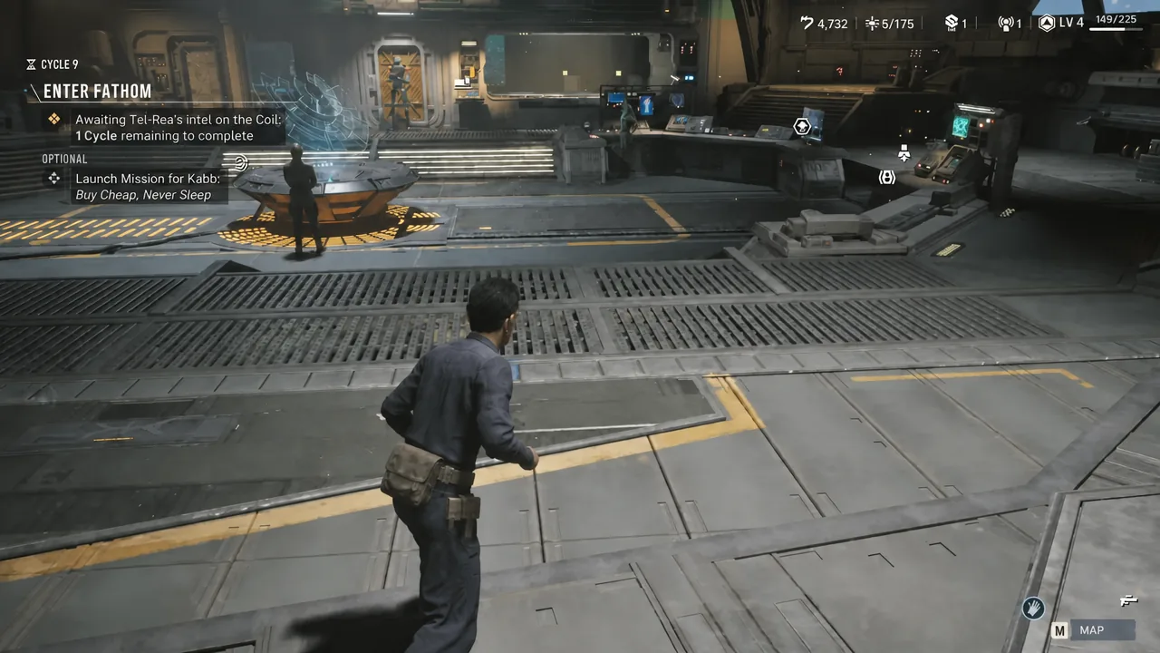 Mission hub with the ENTER FATHOM objective active and a note about awaiting Tel-Rea's intel