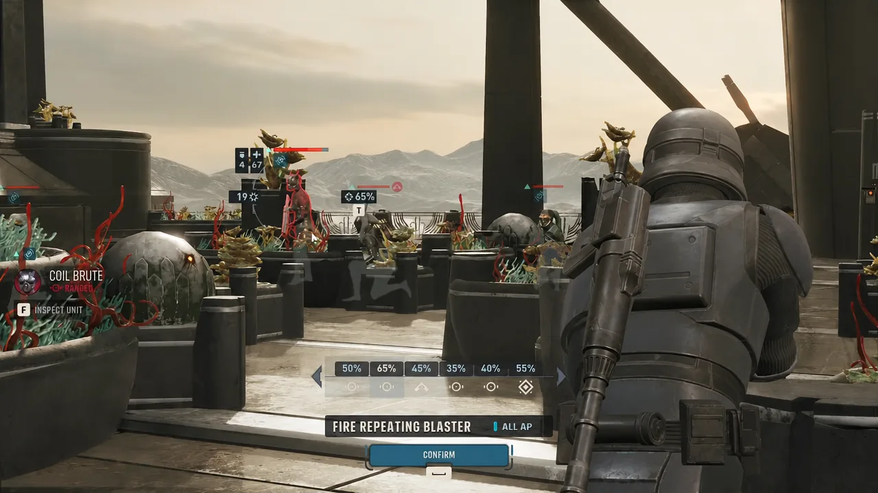 Attack menu showing Fire Repeating Blaster with hit chance percentages against a Coil Brute