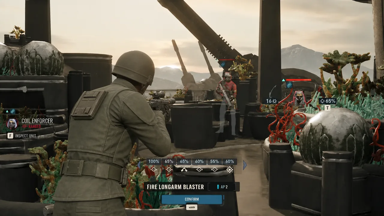 Weapon selection wheel with Fire Longarm Blaster highlighted and a Confirm prompt