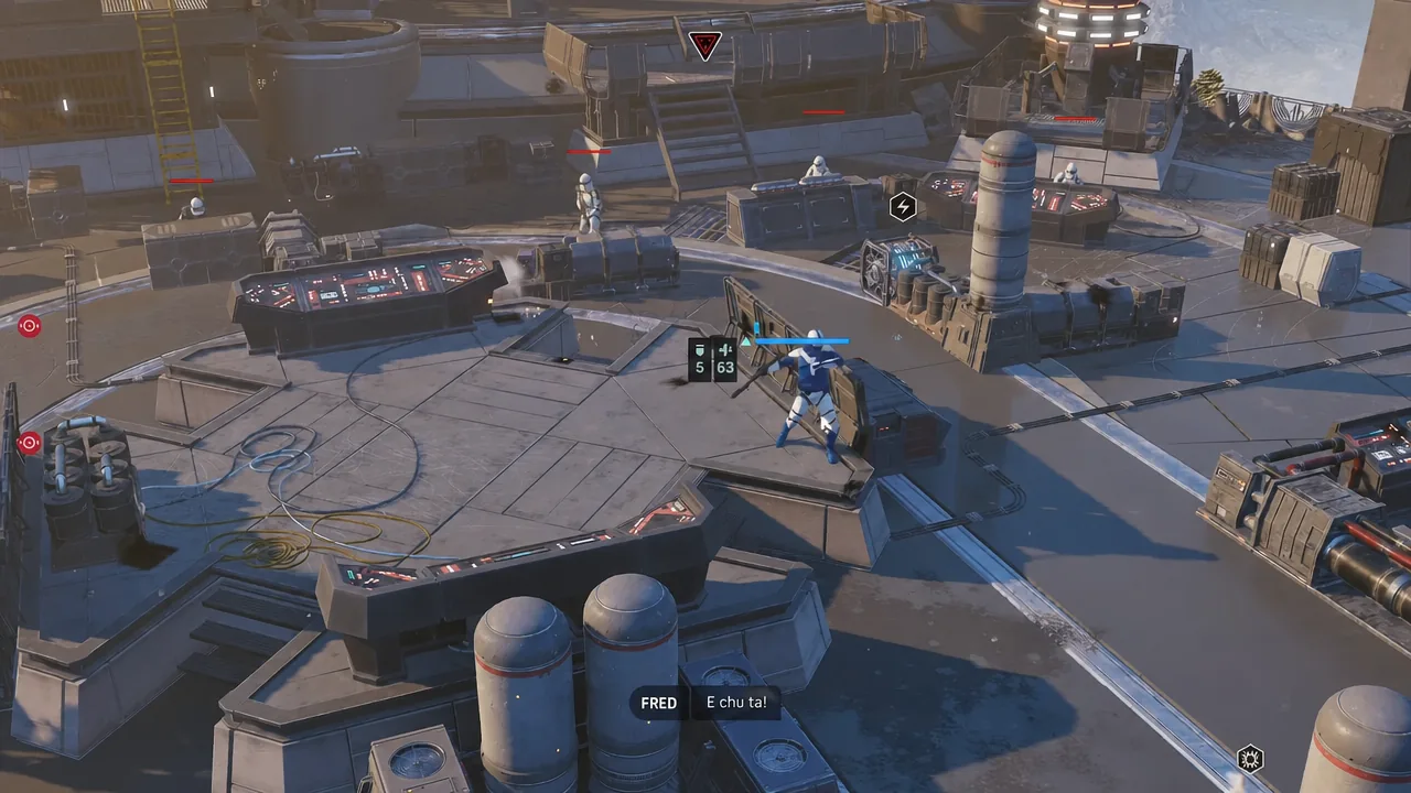 Combat view on a Mordant Citadel rooftop platform with several white-armored Imperial troopers engaged