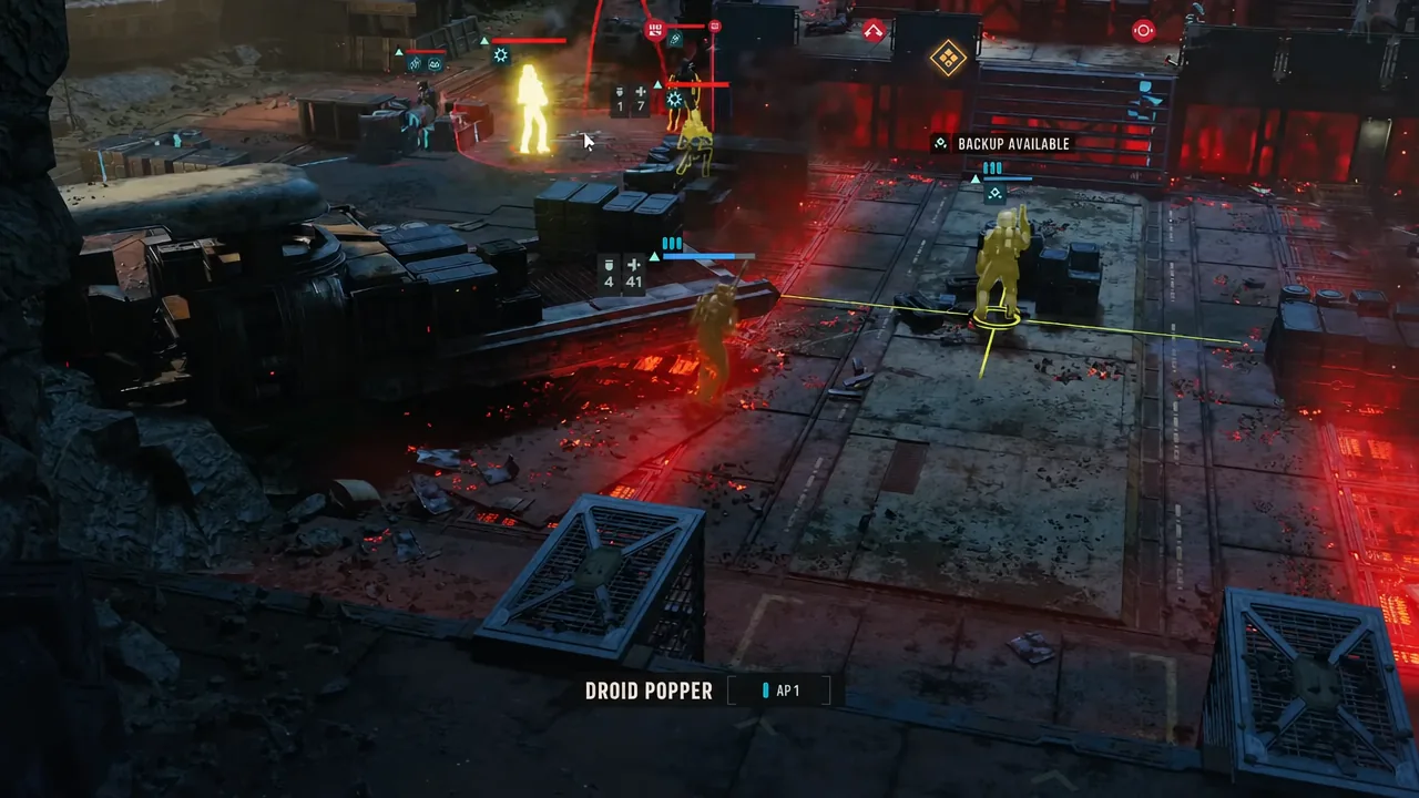 Droid Popper listed at a cost of one action point while enemies are highlighted on the battlefield