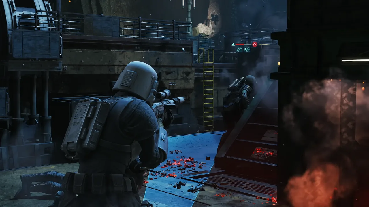 Ranged shot lined up on a Coil soldier inside the industrial facility during the reinforcement wave