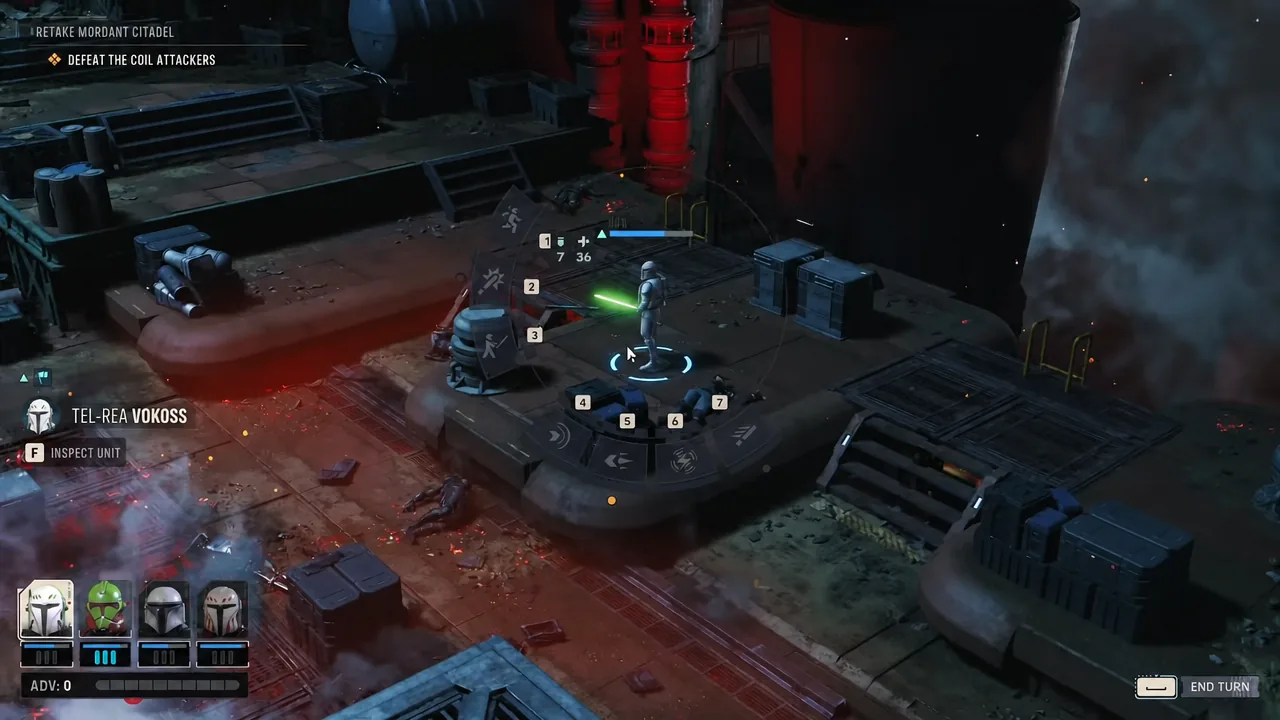 Numbered ability wheel open around the selected operator while picking an action against nearby Coil enemies
