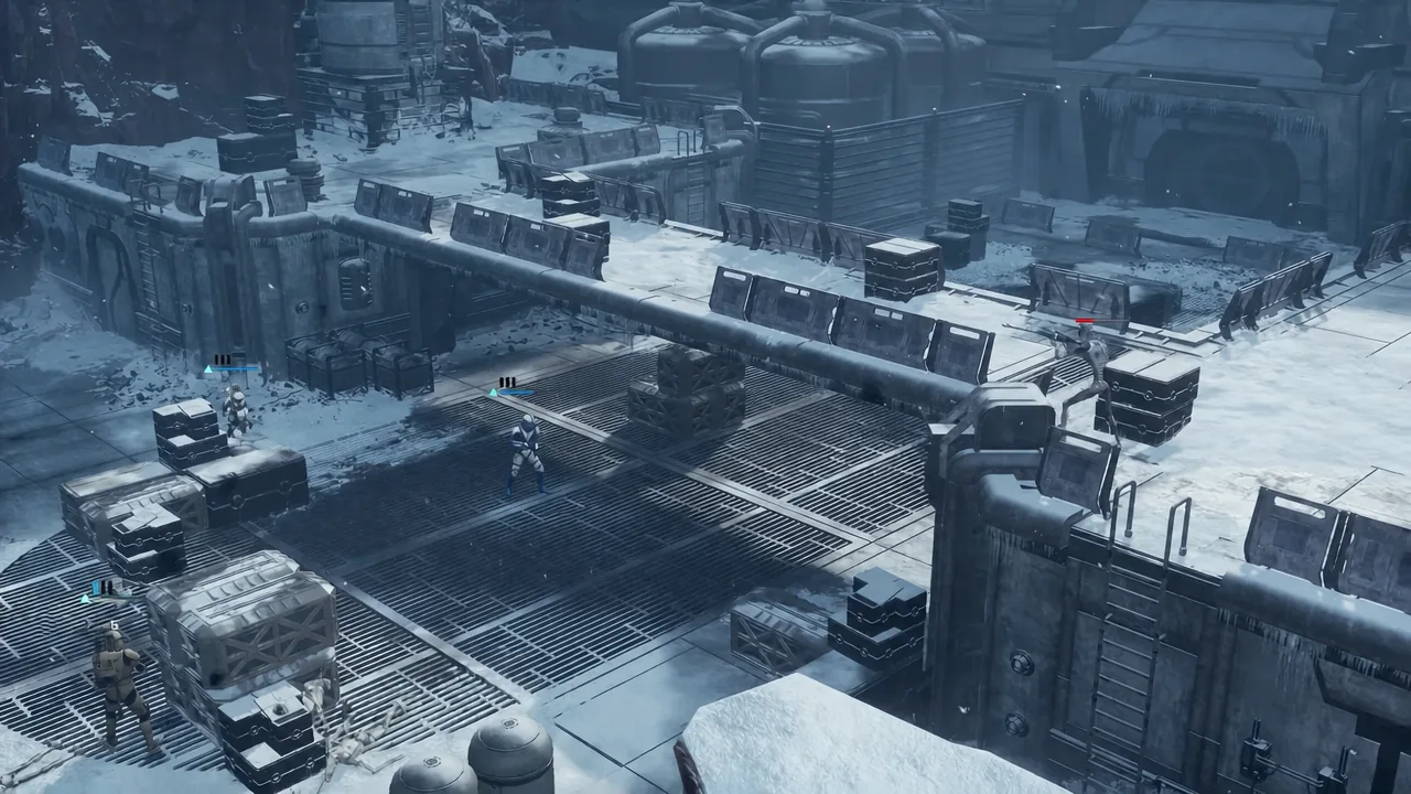 Clone troopers holding cover behind crates with an enemy droid marked in red across the yard