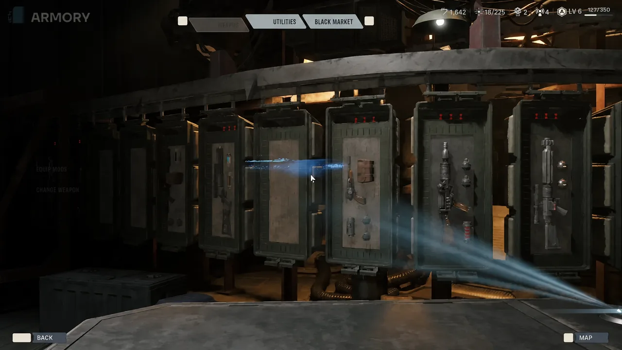 The Armory Utilities tab open on Tel-Rea's equipment rack in Star Wars Zero Company